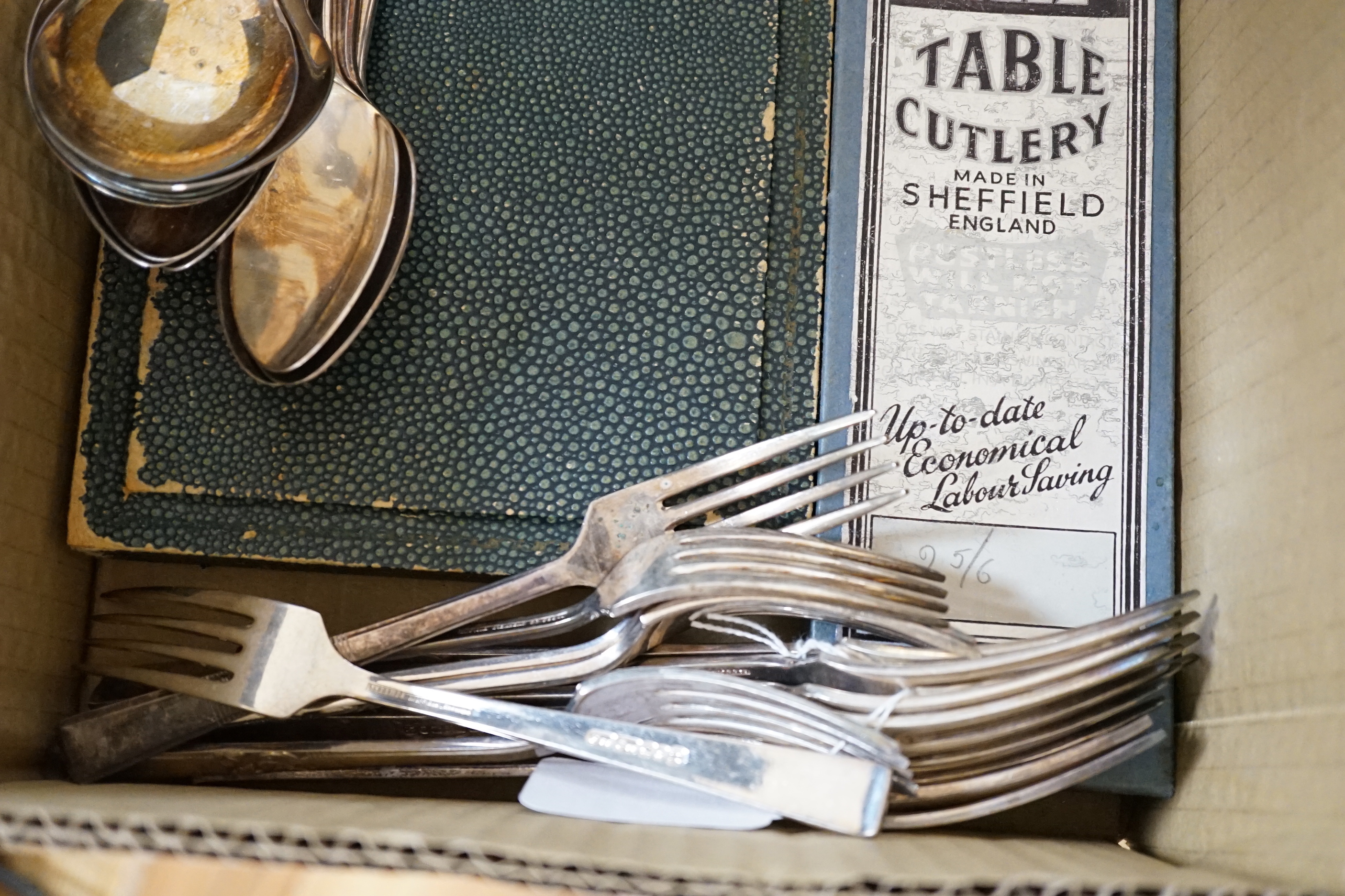 Assorted plated flatware and three silver commemorative spoons
